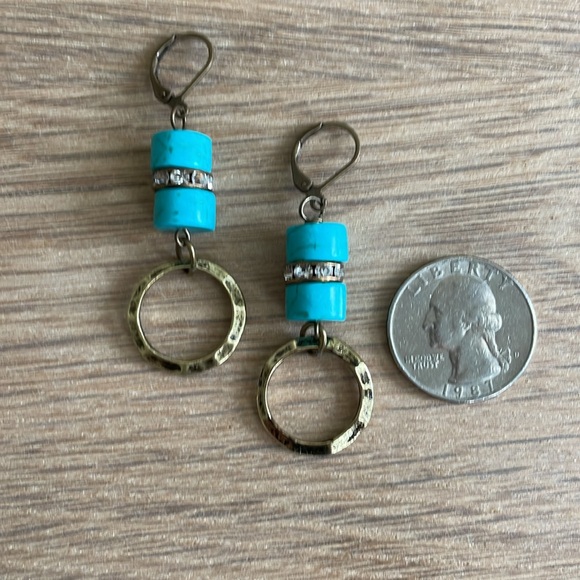 HANDCRAFTED HOOP EARRINGS Antiqued Brass  Crystal Rondelles  Turquoise - Picture 4 of 12